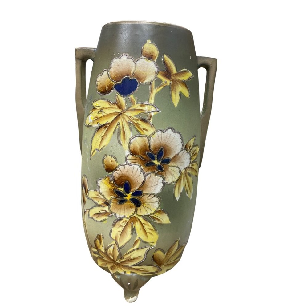 Antique Art pottery floral green blue hand painted footed 12.5" vase SKU 9815